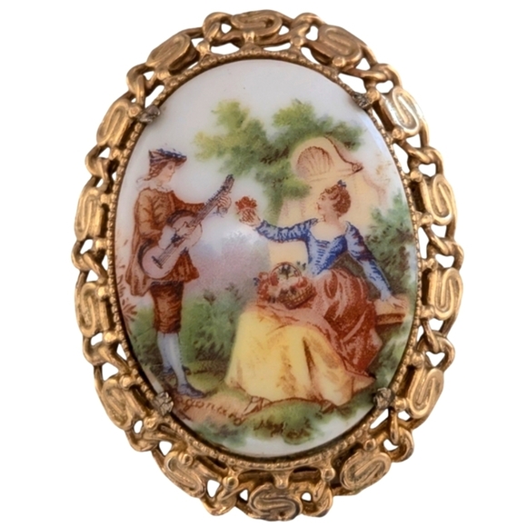 TRANSFERWARE Cameo Ornate Painted Oval Brooch Vintage French Serenade Pin Gold - Picture 8 of 9